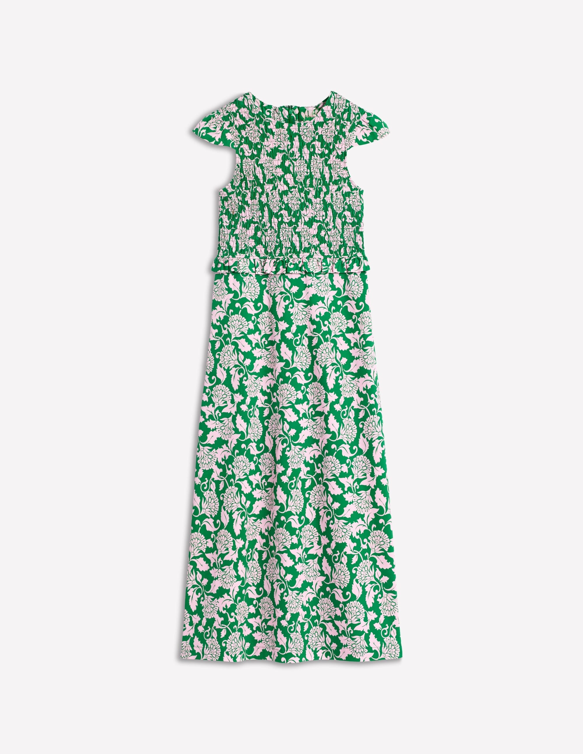 Carolina Smocked Midi Dress-Rich Emerald, Ornate Vine