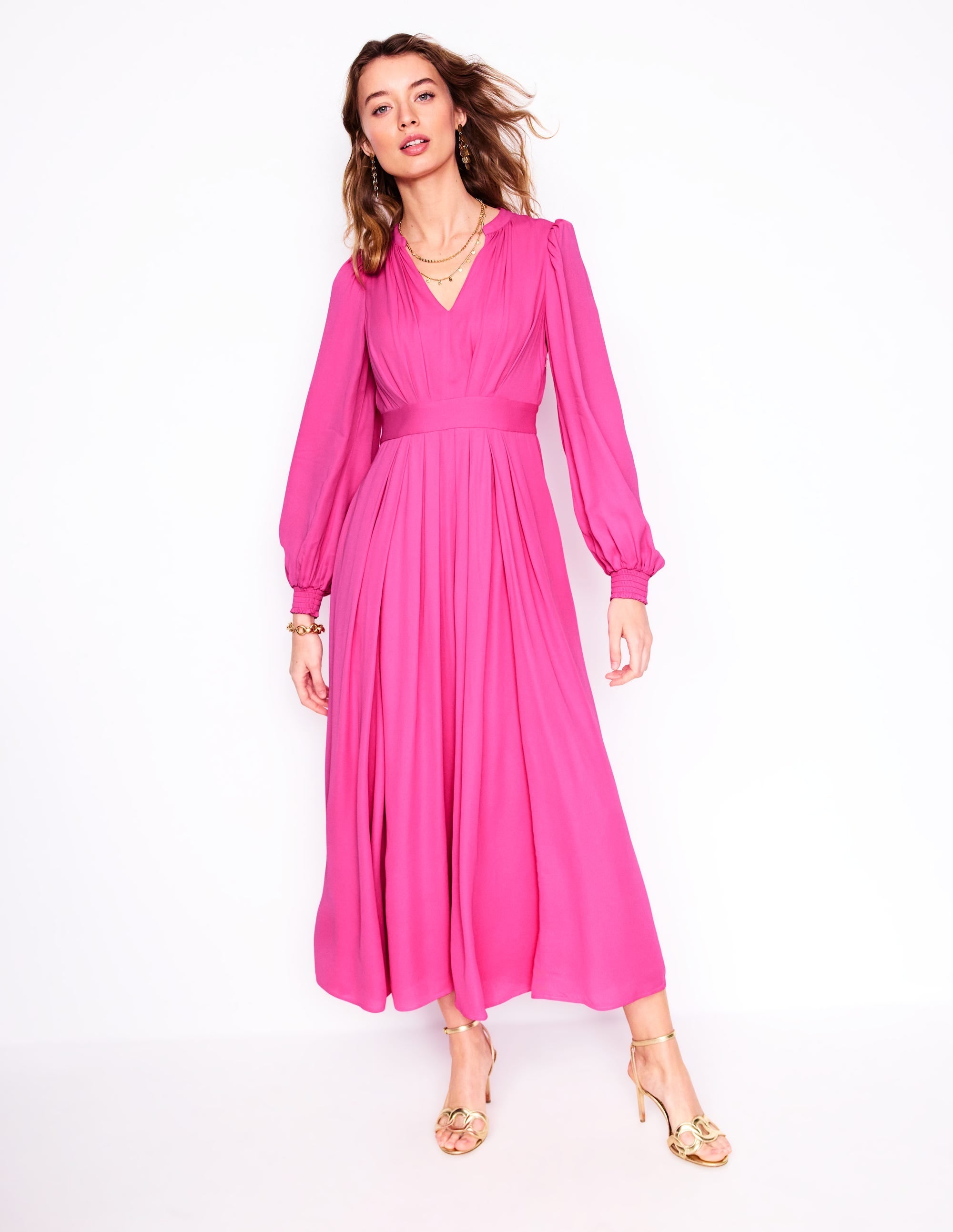 Pleat Detail Blouson Dress-Cosmos Pink