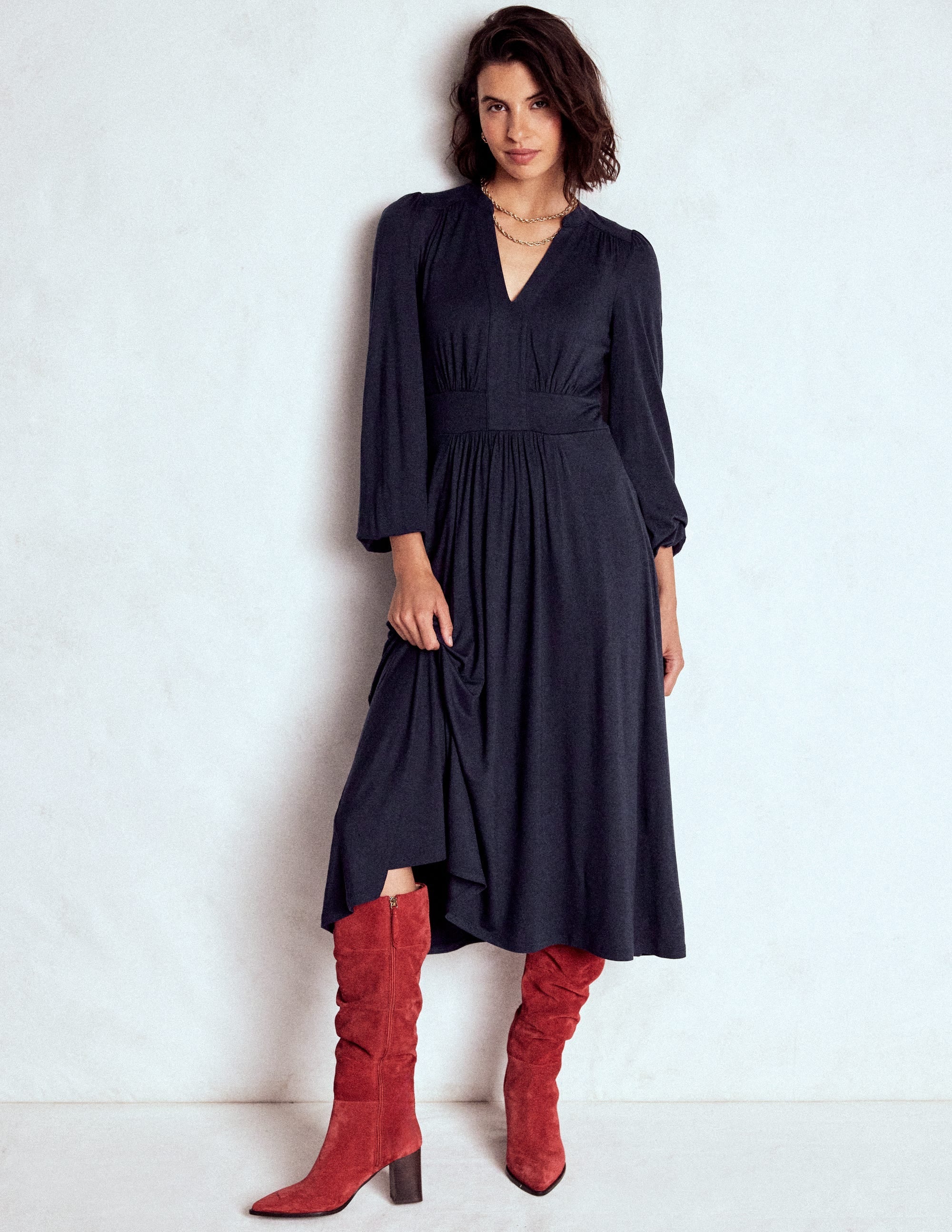 Lily Long Sleeve Midi Dress-Navy