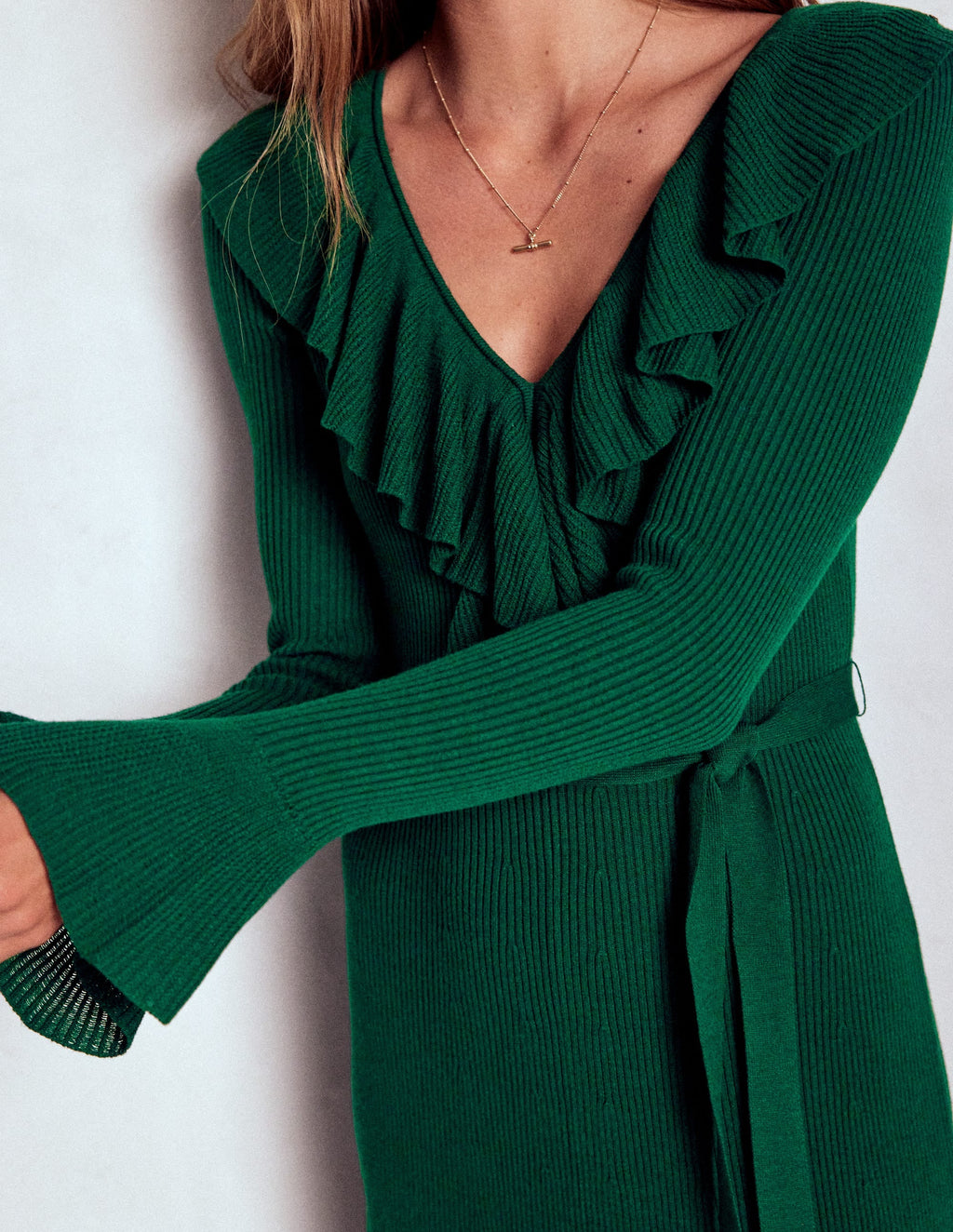 Ruffled Ribbed Dress-Emerald Night