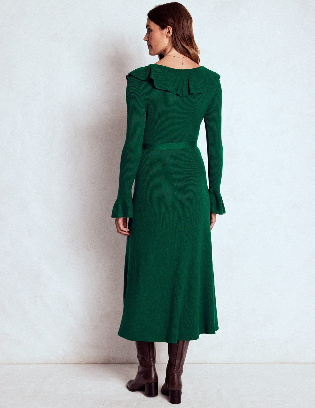 Ruffled Ribbed Dress-Emerald Night