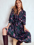 Cecily Cotton Midi Dress-Emerald Night, Ornate Meadow