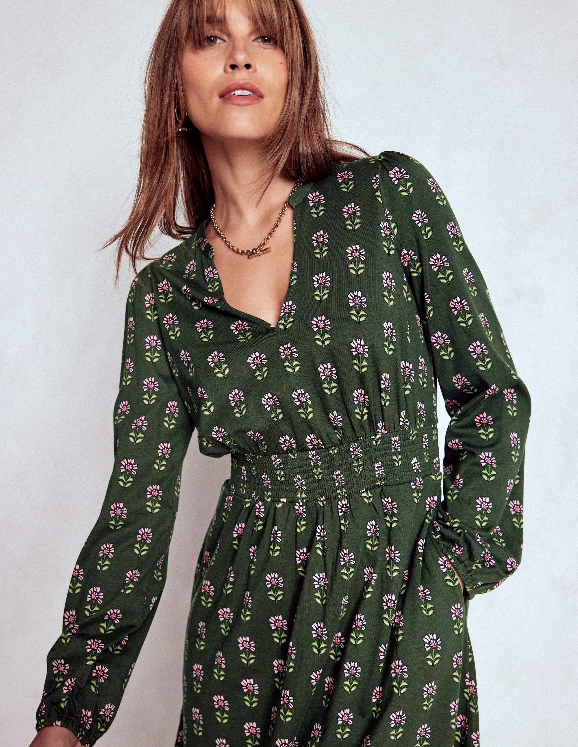 Sarah Short Jersey Dress-Winter Moss, Woodblock Floral