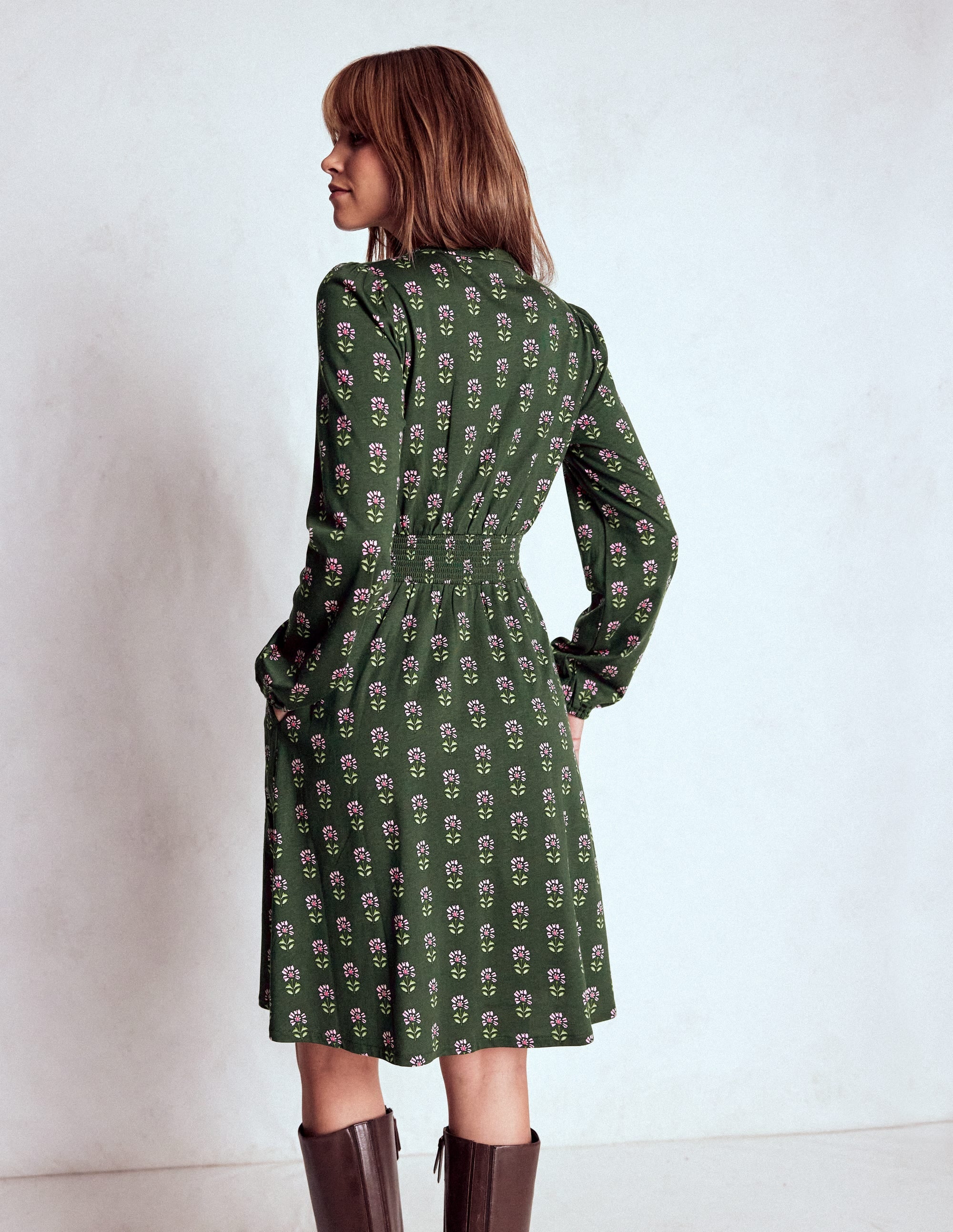 Sarah Short Jersey Dress-Winter Moss, Woodblock Floral