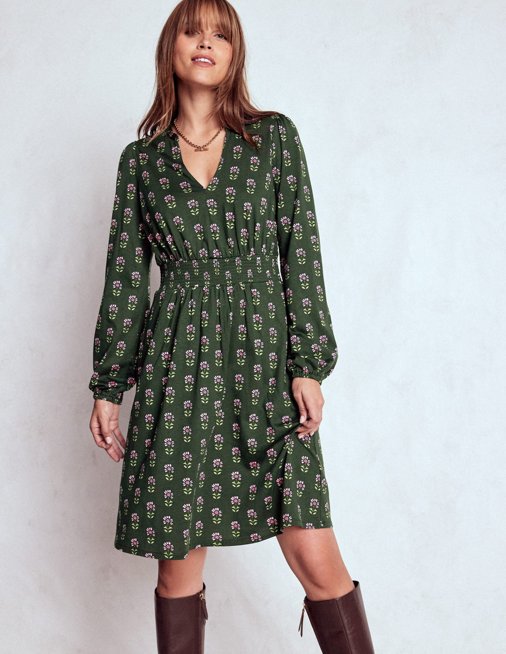 Sarah Short Jersey Dress-Winter Moss, Woodblock Floral