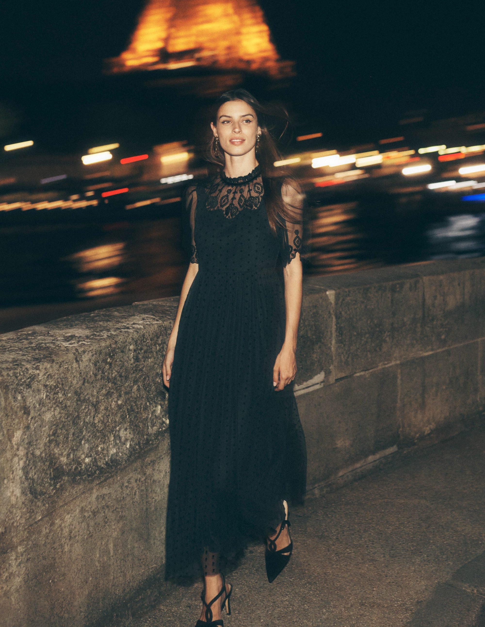 Embroidered Tulle Party Dress-Black