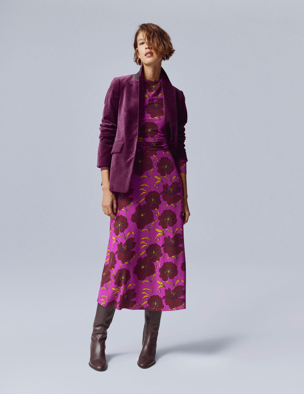Ruched Jersey Midi Dress-Regal Purple, Peony Bloom