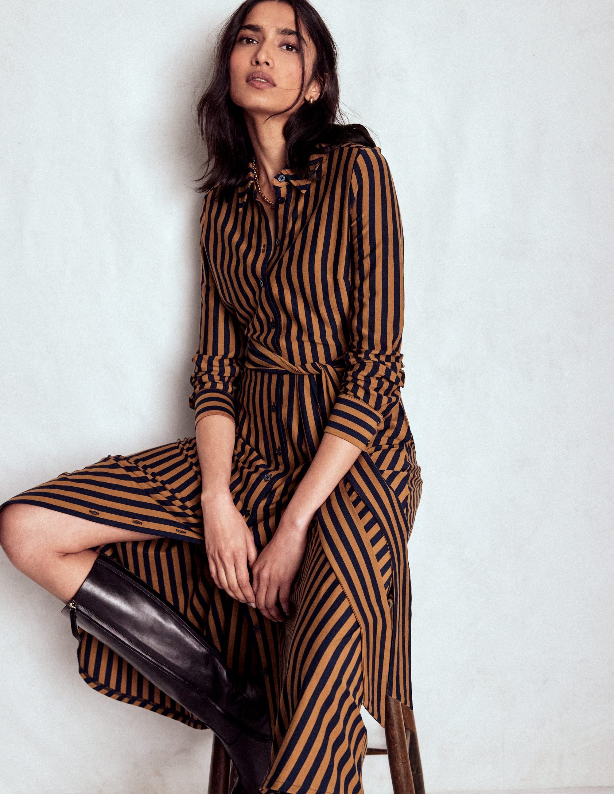 Marcia Jersey Shirt Dress-Gingerbread and Navy Stripe