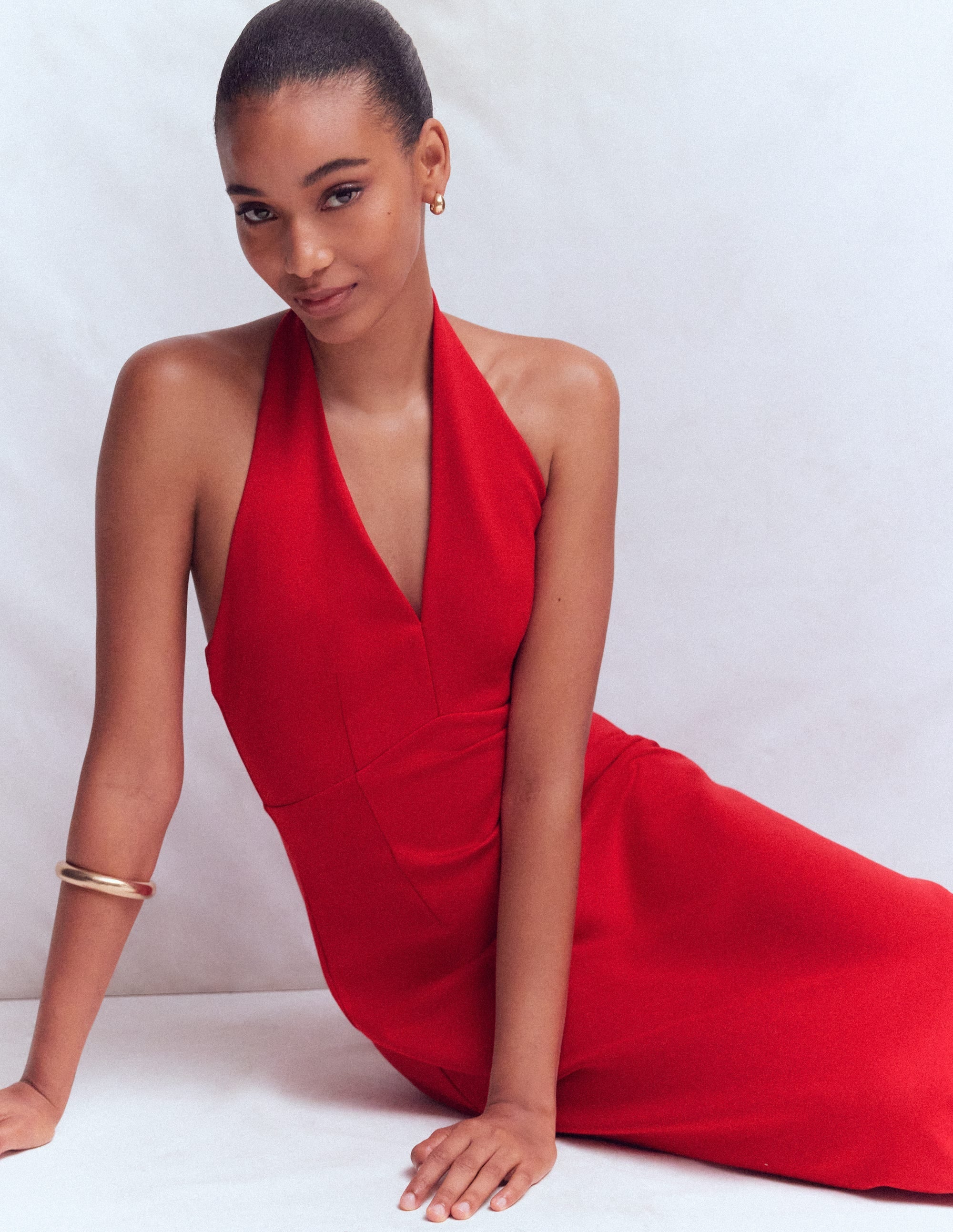 Halter Neck Jersey Maxi Dress-Red