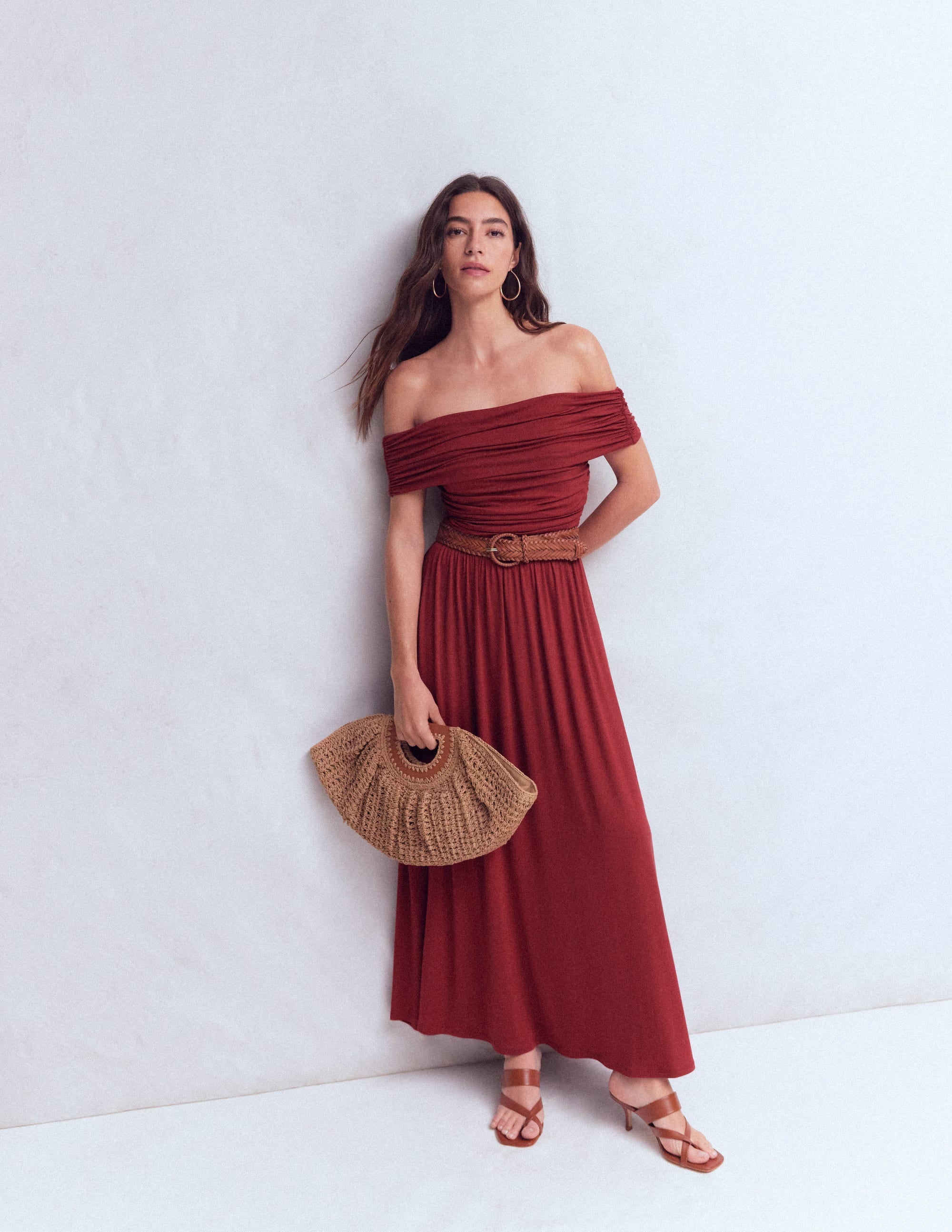 Ruched Bardot Jersey Dress-Burgundy