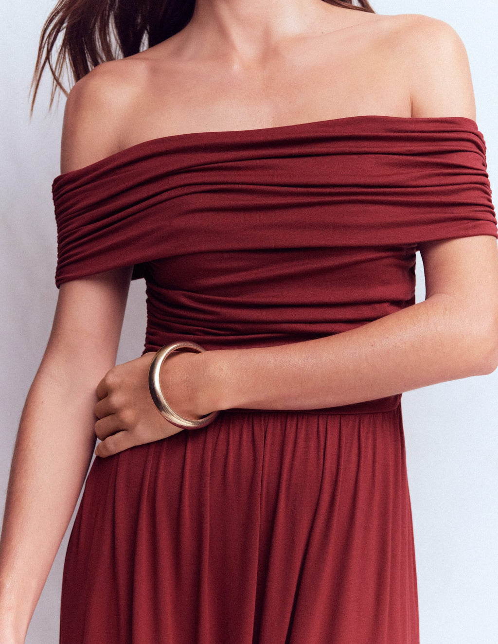 Ruched Bardot Jersey Dress-Burgundy