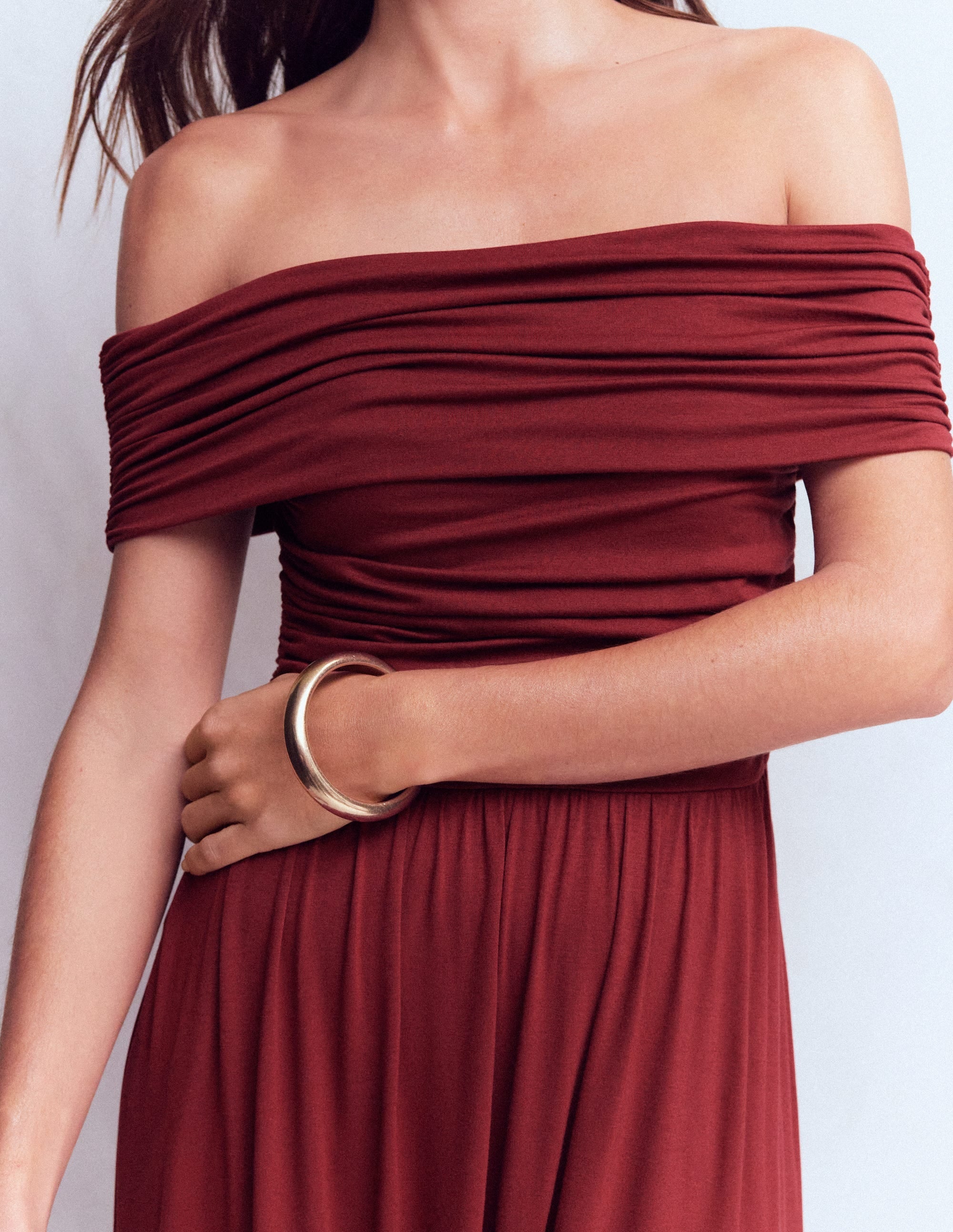 Ruched Bardot Jersey Dress-Burgundy