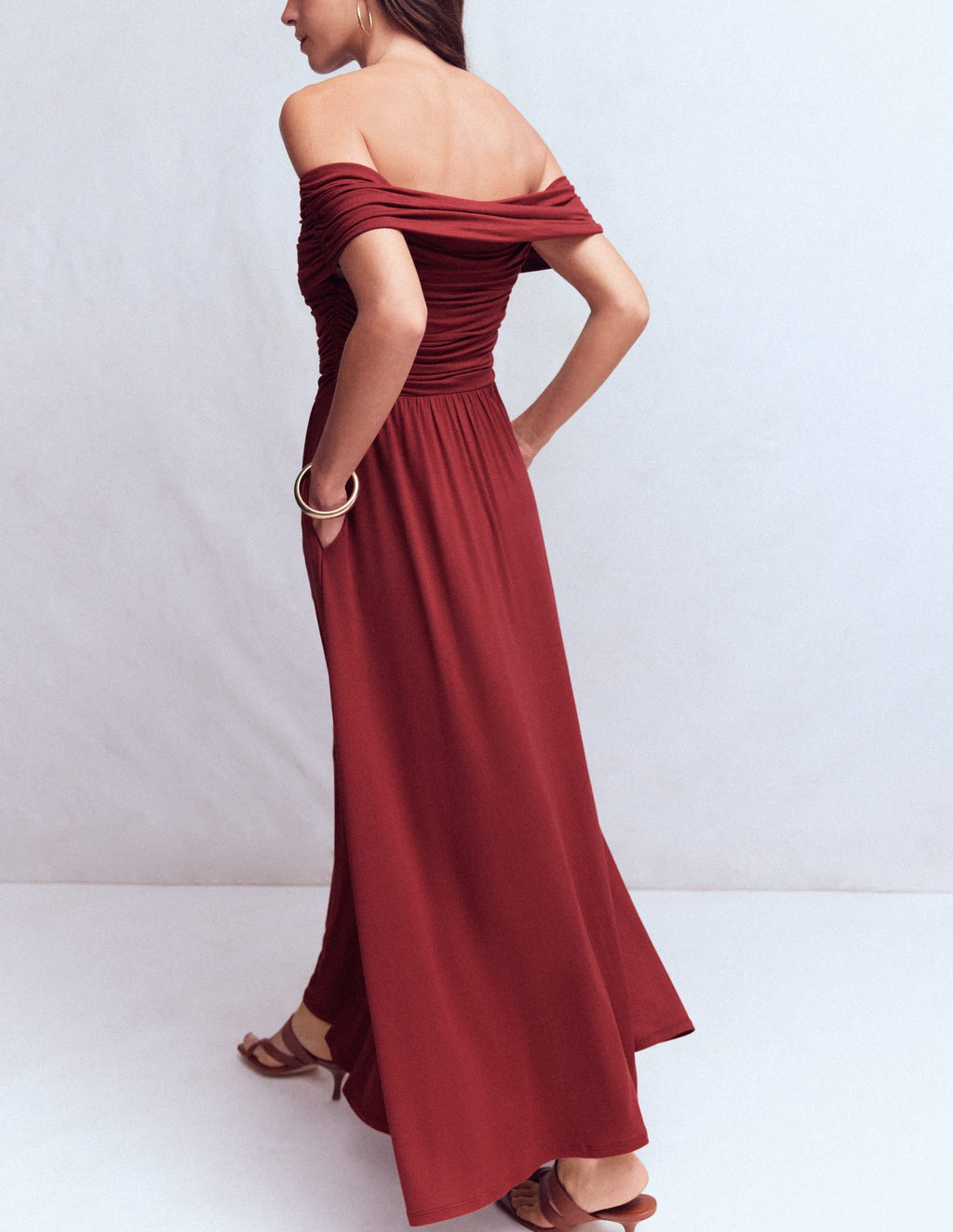 Ruched Bardot Jersey Dress-Burgundy