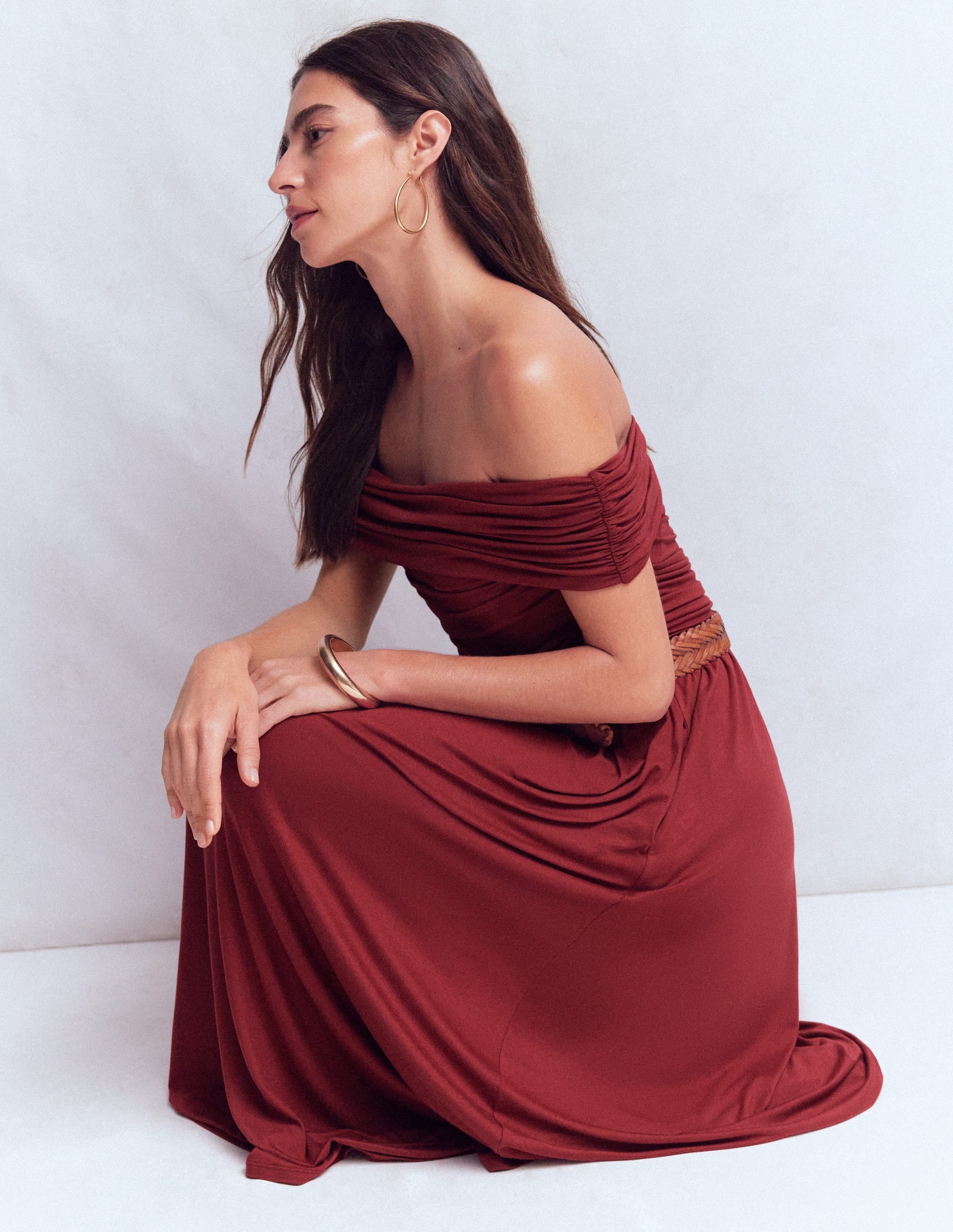 Ruched Bardot Jersey Dress-Burgundy