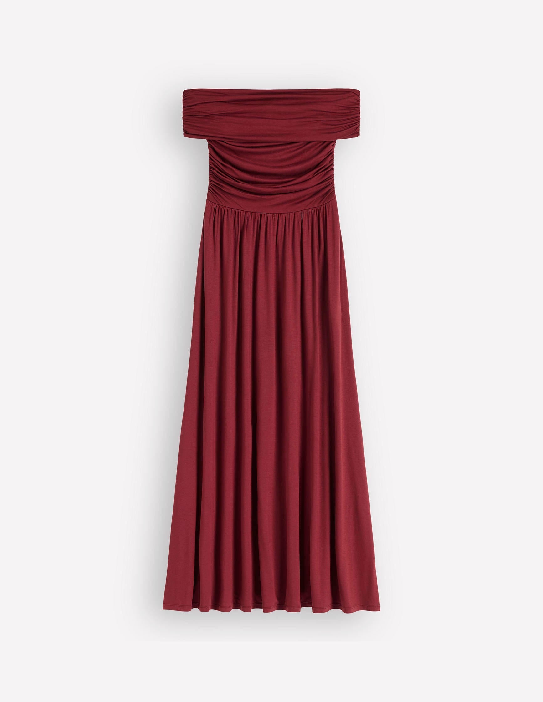 Ruched Bardot Jersey Dress-Burgundy