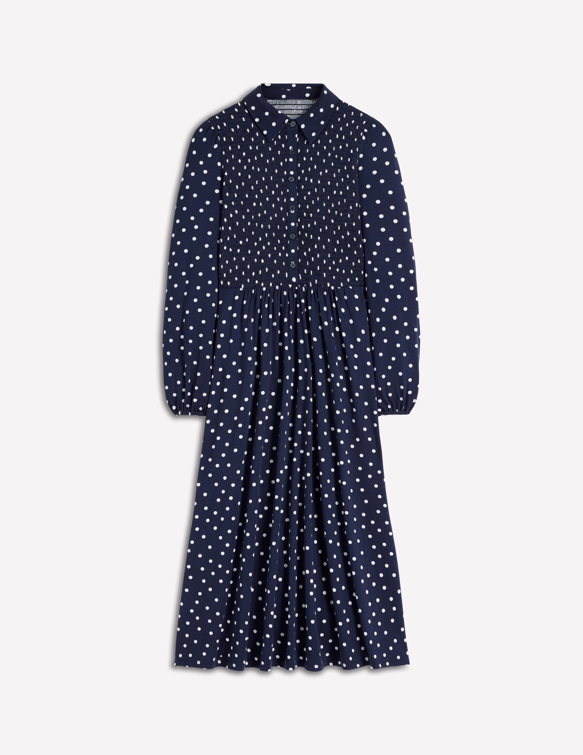 Camilla Smocked Jersey Dress-French Navy, Painted Dot