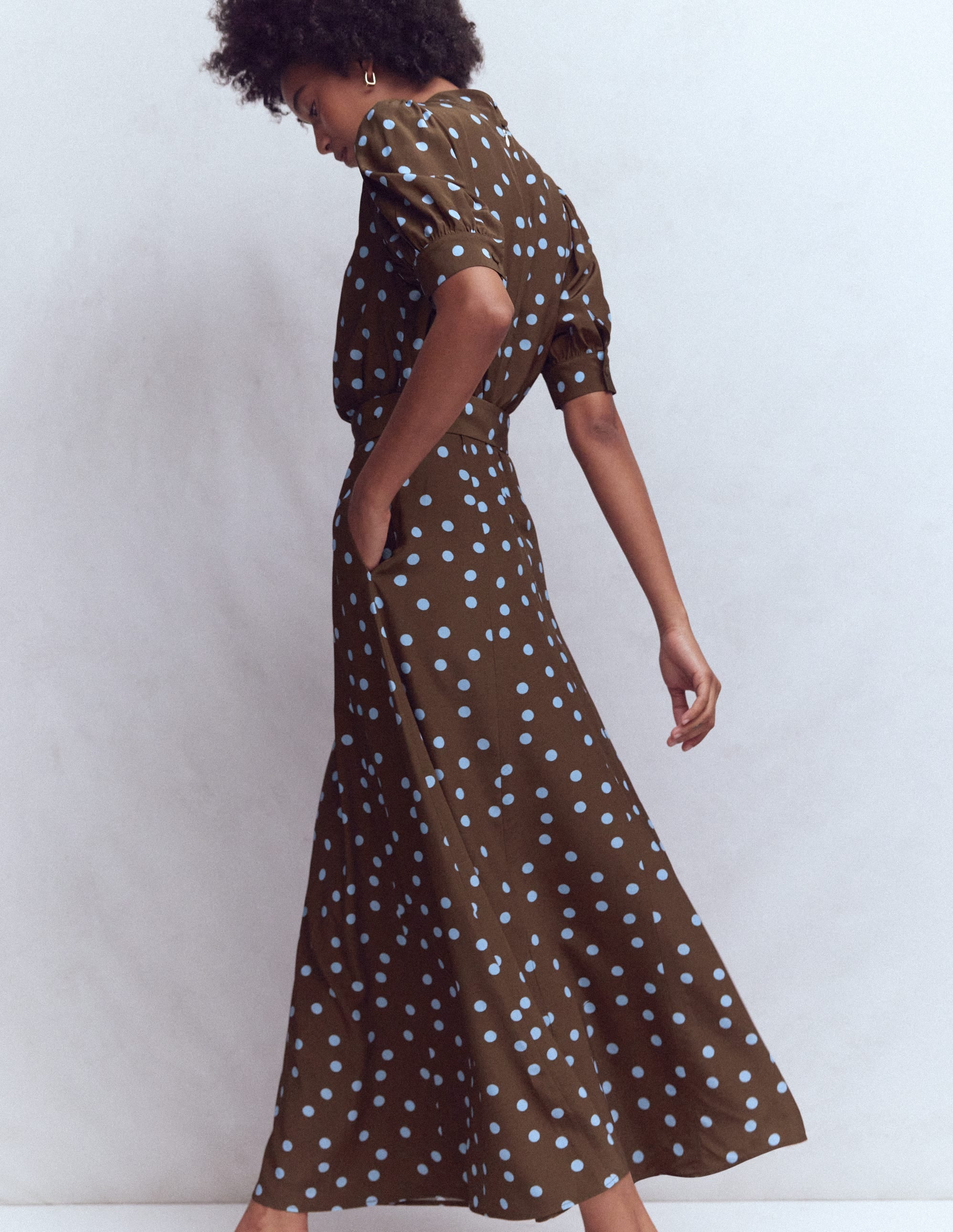High Neck Belted Dress-Raw Umber, Painted Dot