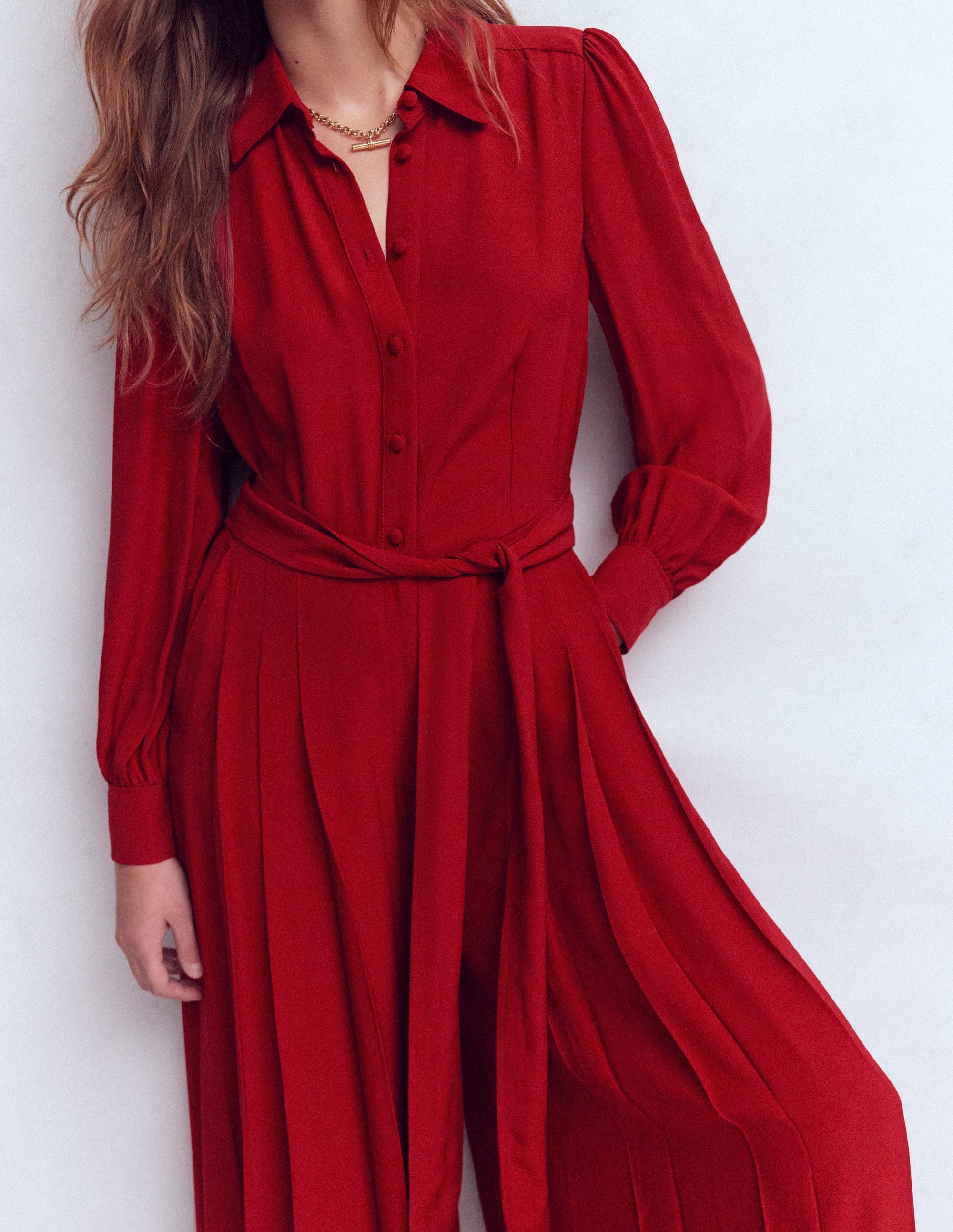 Button Up Palazzo Jumpsuit-Red