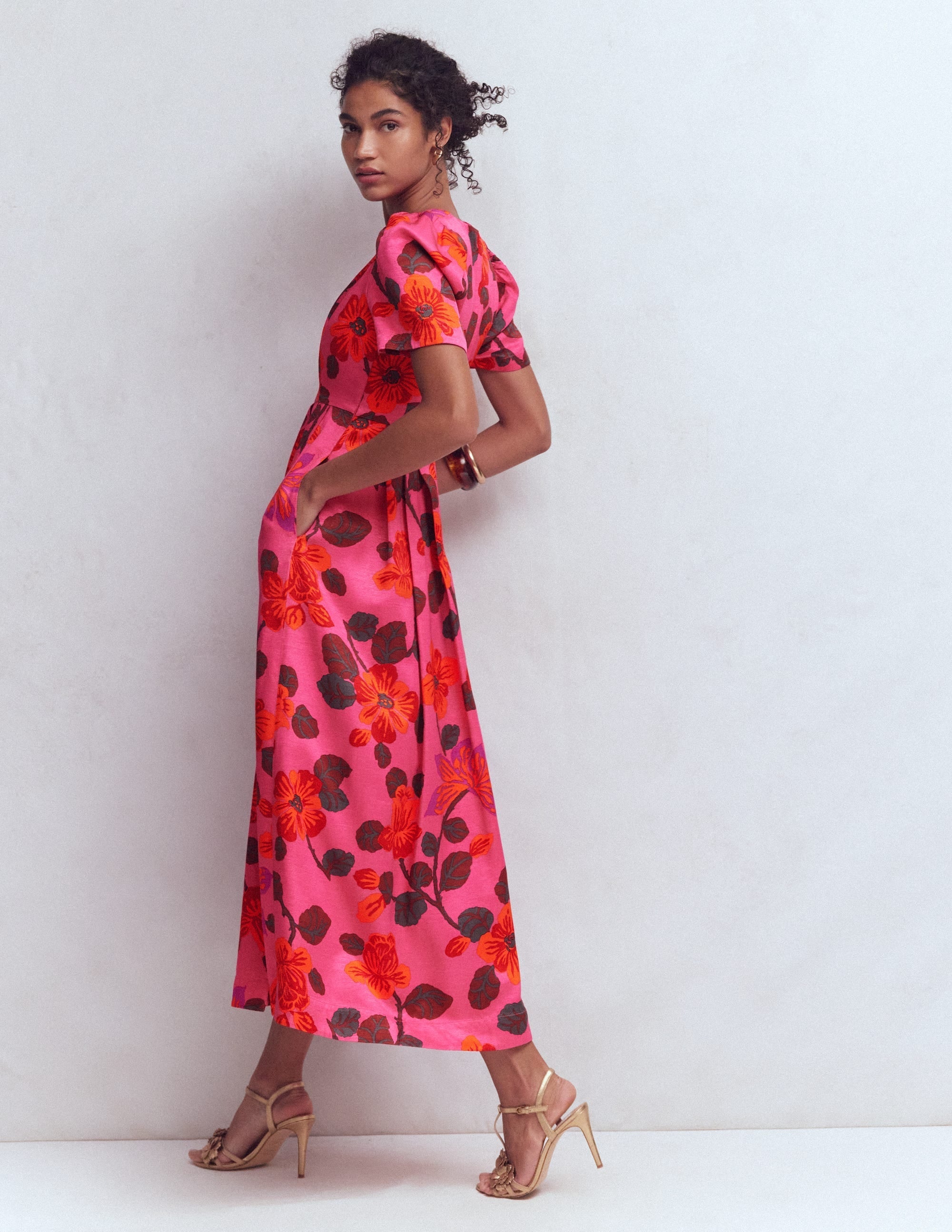 Pleat V-neck Dress-Pink, Elaborate Blossom