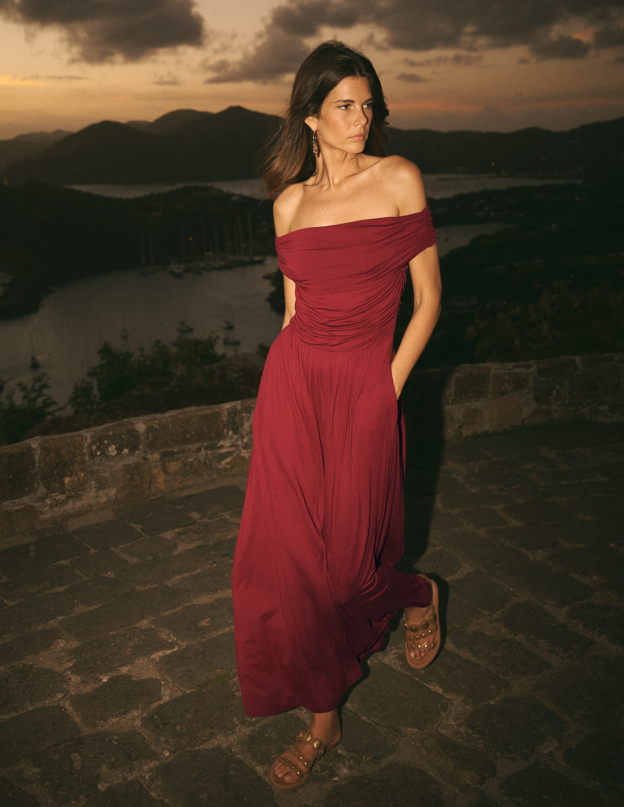 Ruched Bardot Jersey Dress-Burgundy